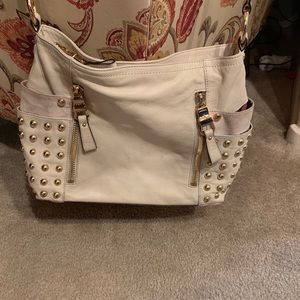 B Makowsky ivory leather handbag with gold studs